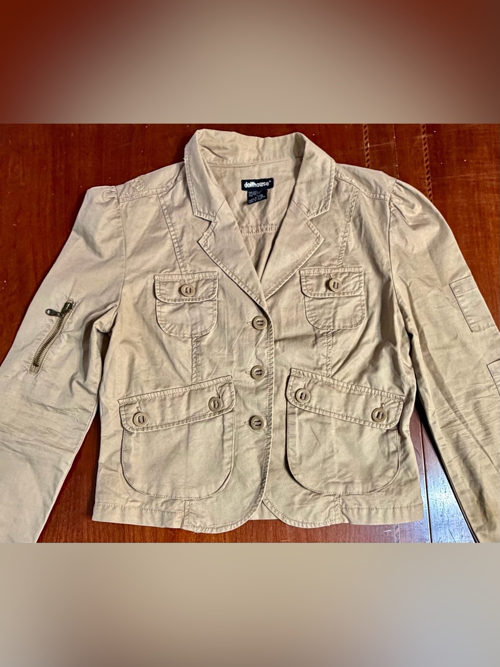 Y2K Dollhouse Utility Jacket L Khaki Safari Cargo Blazer Embroidered Butterfly